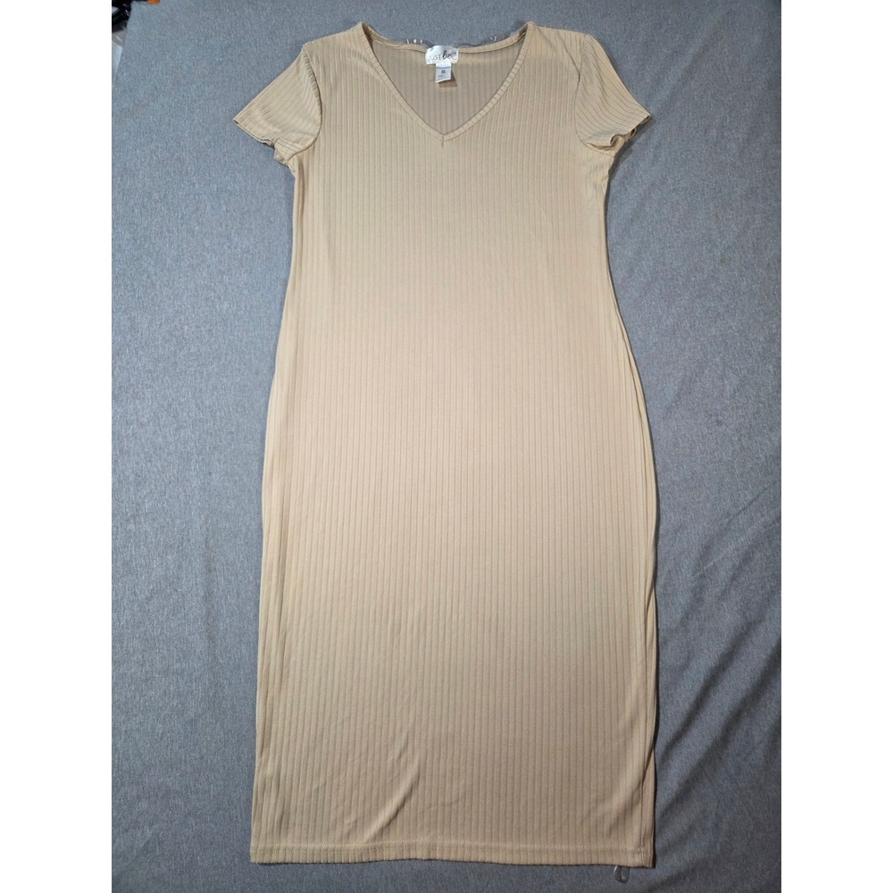 Just Be Womens‎ Tan Ribbed Knit V-Neck Short Sleeve Midi Bodycon Dress Small